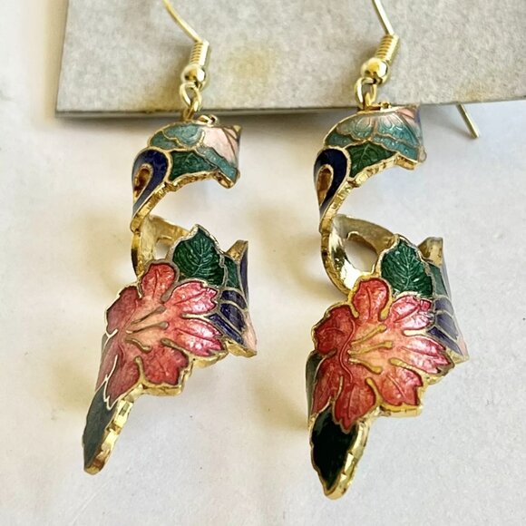 Vintage Red Hibiscus Flower Cloisonne Earrings Enamel Dangle Gold Tone Taiwan - Picture 6 of 11